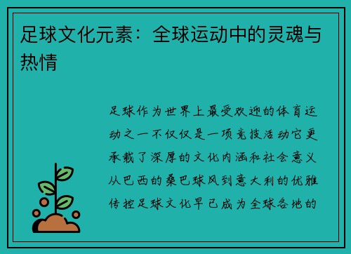 足球文化元素:全球运动中的灵魂与热情